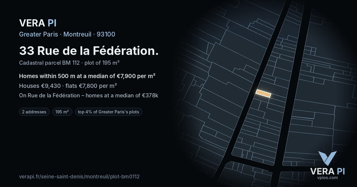 33 Rue de la Fédération, Montreuil at night – the plot lit, the parcels around coloured by the prices near them