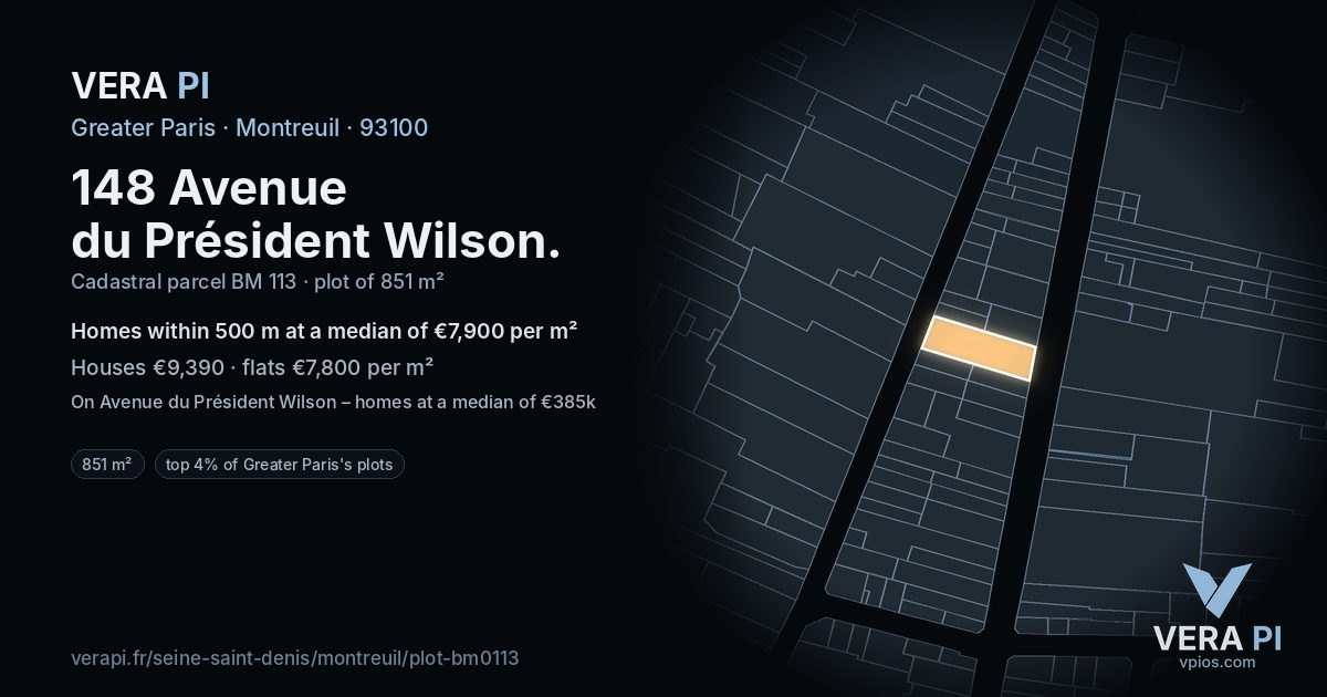148 Avenue du Président Wilson, Montreuil at night – the plot lit, the parcels around coloured by the prices near them