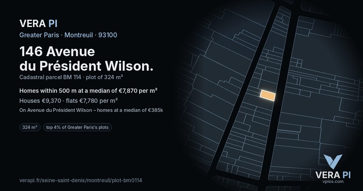 146 Avenue du Président Wilson, Montreuil at night – the plot lit, the parcels around coloured by the prices near them