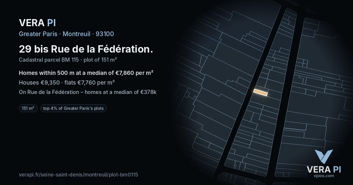 29 bis Rue de la Fédération, Montreuil at night – the plot lit, the parcels around coloured by the prices near them