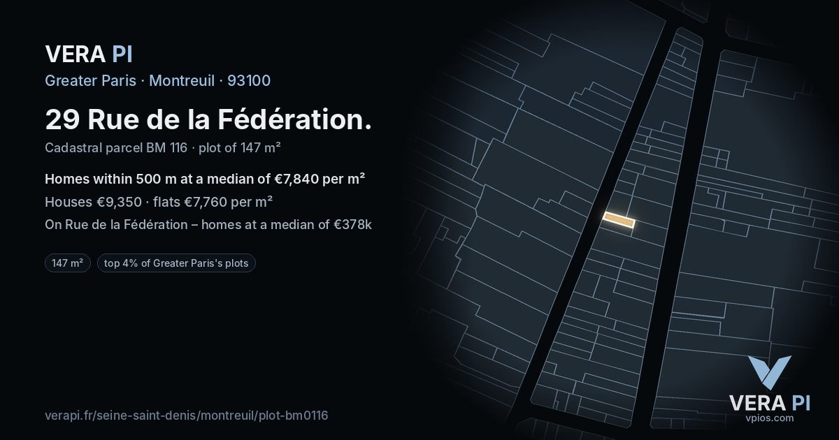 29 Rue de la Fédération, Montreuil at night – the plot lit, the parcels around coloured by the prices near them