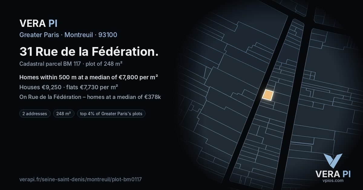 31 Rue de la Fédération, Montreuil at night – the plot lit, the parcels around coloured by the prices near them