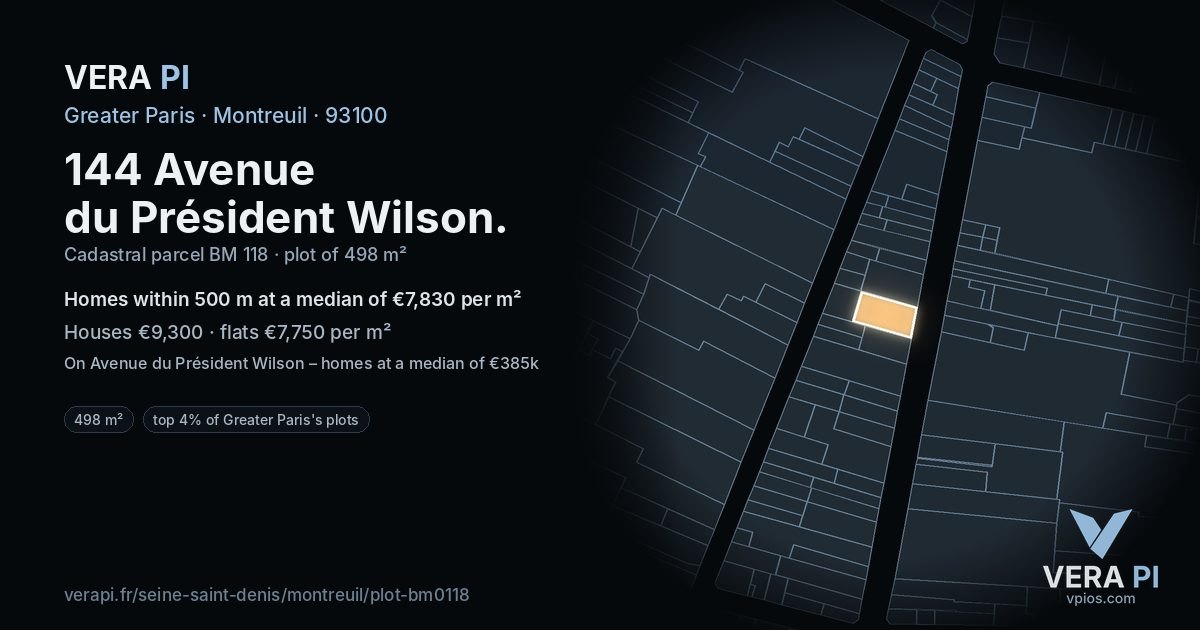 144 Avenue du Président Wilson, Montreuil at night – the plot lit, the parcels around coloured by the prices near them