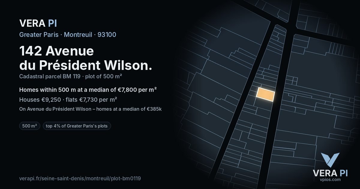 142 Avenue du Président Wilson, Montreuil at night – the plot lit, the parcels around coloured by the prices near them