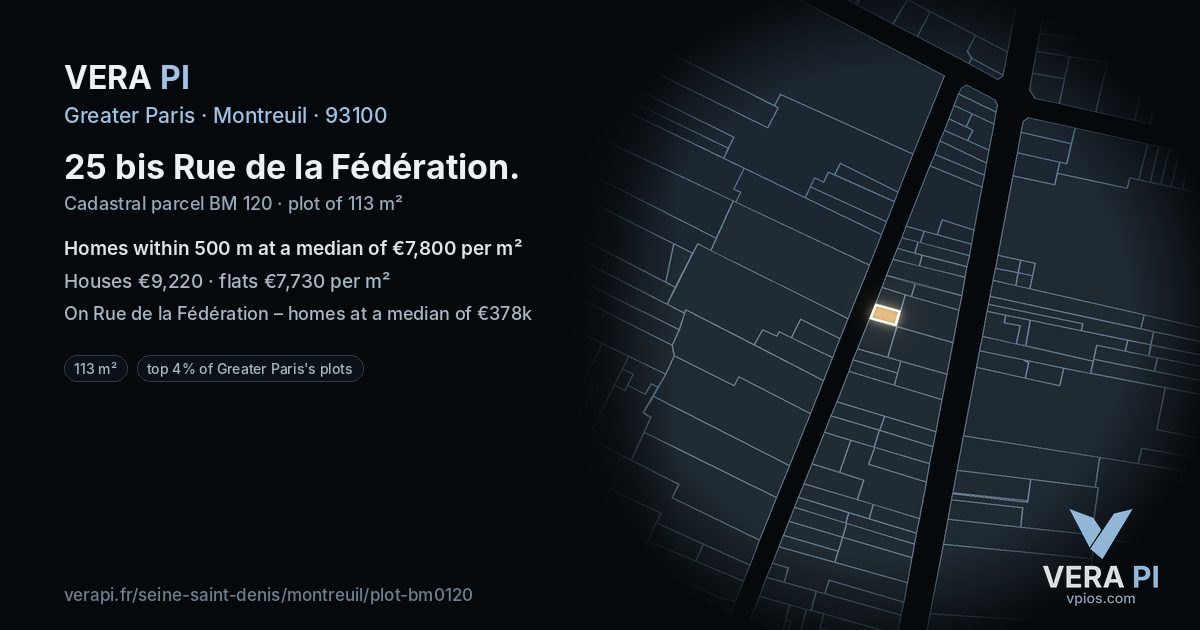 25 bis Rue de la Fédération, Montreuil at night – the plot lit, the parcels around coloured by the prices near them