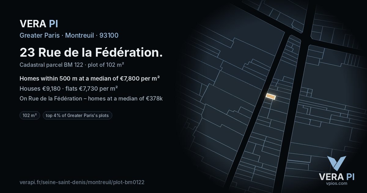 23 Rue de la Fédération, Montreuil at night – the plot lit, the parcels around coloured by the prices near them