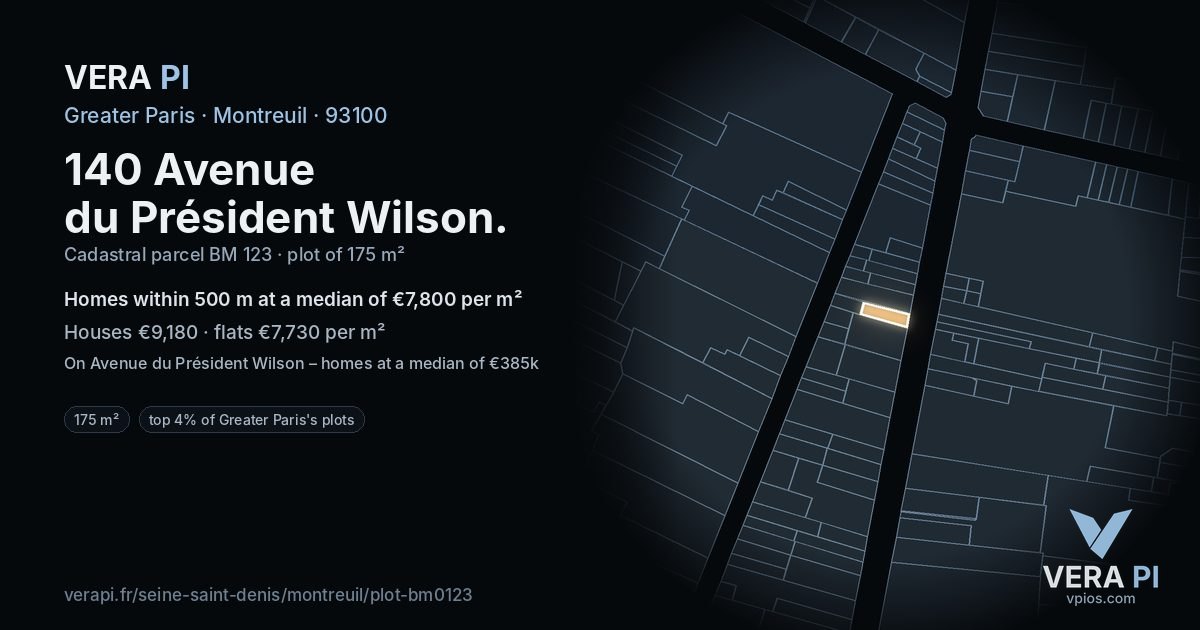 140 Avenue du Président Wilson, Montreuil at night – the plot lit, the parcels around coloured by the prices near them