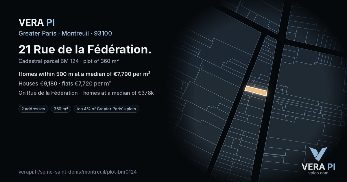 21 Rue de la Fédération, Montreuil at night – the plot lit, the parcels around coloured by the prices near them