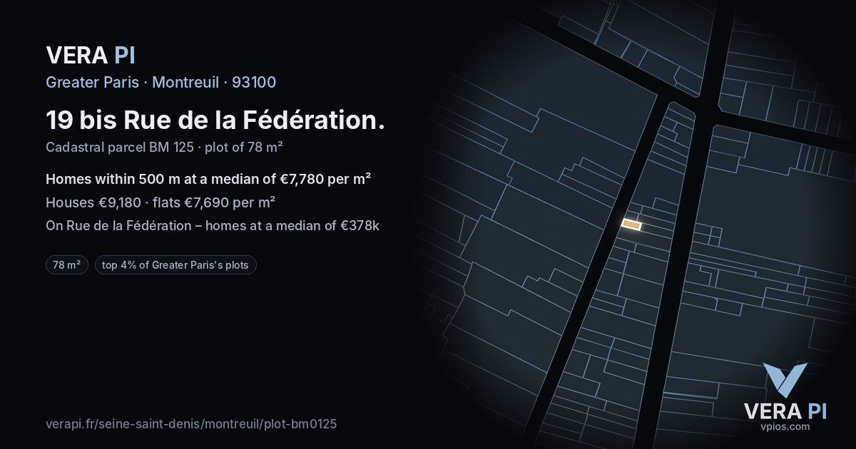 19 bis Rue de la Fédération, Montreuil at night – the plot lit, the parcels around coloured by the prices near them