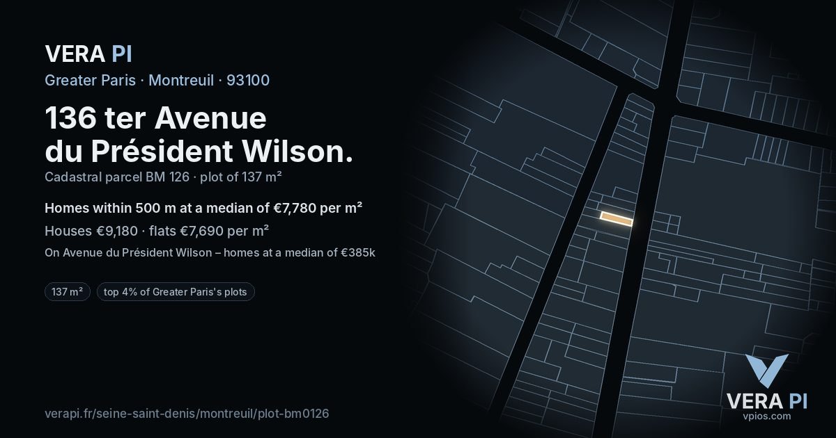136 ter Avenue du Président Wilson, Montreuil at night – the plot lit, the parcels around coloured by the prices near them