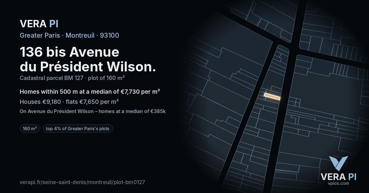 136 bis Avenue du Président Wilson, Montreuil at night – the plot lit, the parcels around coloured by the prices near them