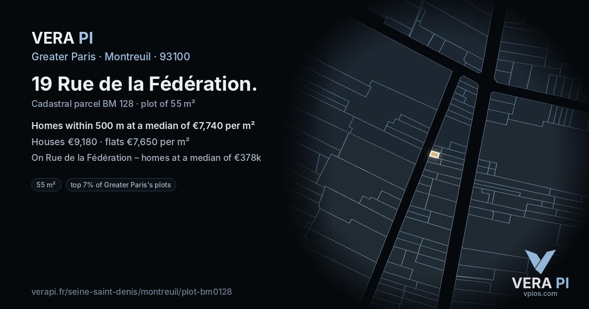 19 Rue de la Fédération, Montreuil at night – the plot lit, the parcels around coloured by the prices near them
