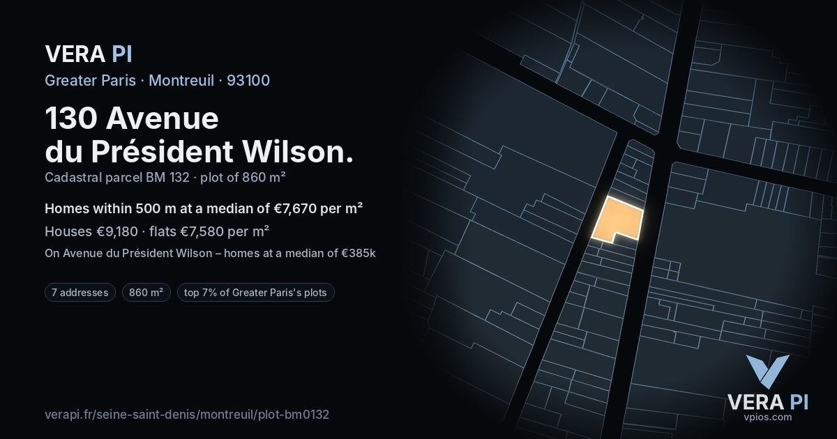 130 Avenue du Président Wilson, Montreuil at night – the plot lit, the parcels around coloured by the prices near them