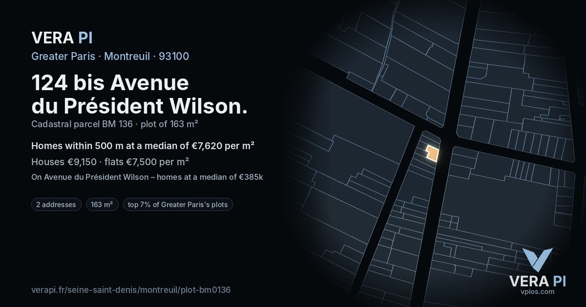 124 bis Avenue du Président Wilson, Montreuil at night – the plot lit, the parcels around coloured by the prices near them