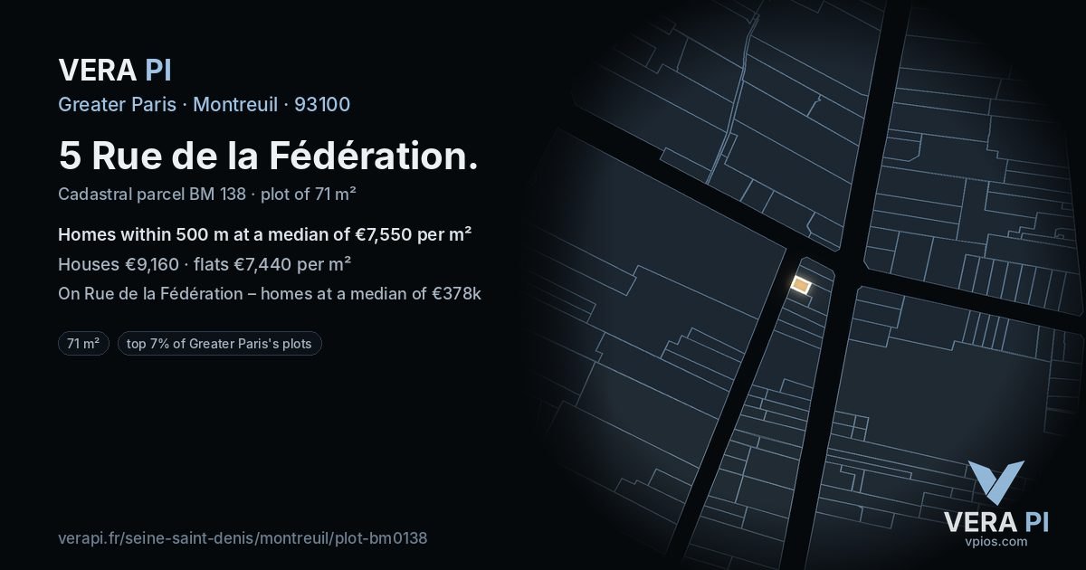 5 Rue de la Fédération, Montreuil at night – the plot lit, the parcels around coloured by the prices near them