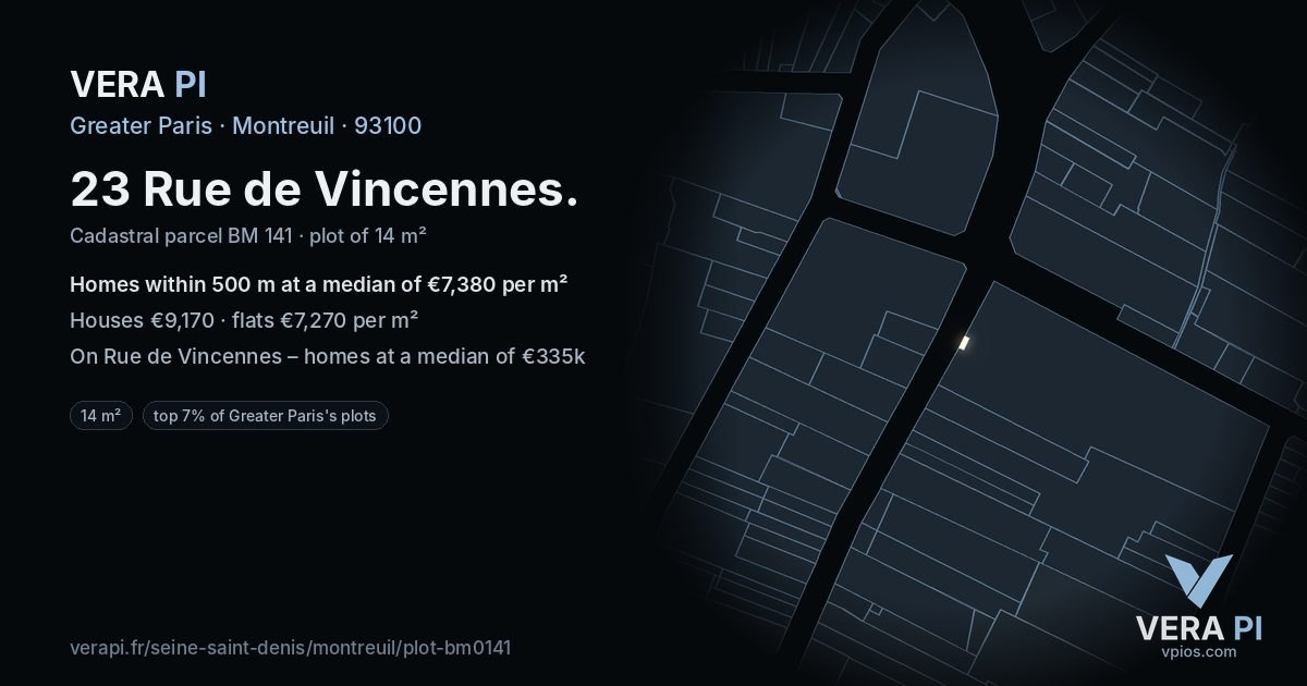 23 Rue de Vincennes, Montreuil at night – the plot lit, the parcels around coloured by the prices near them