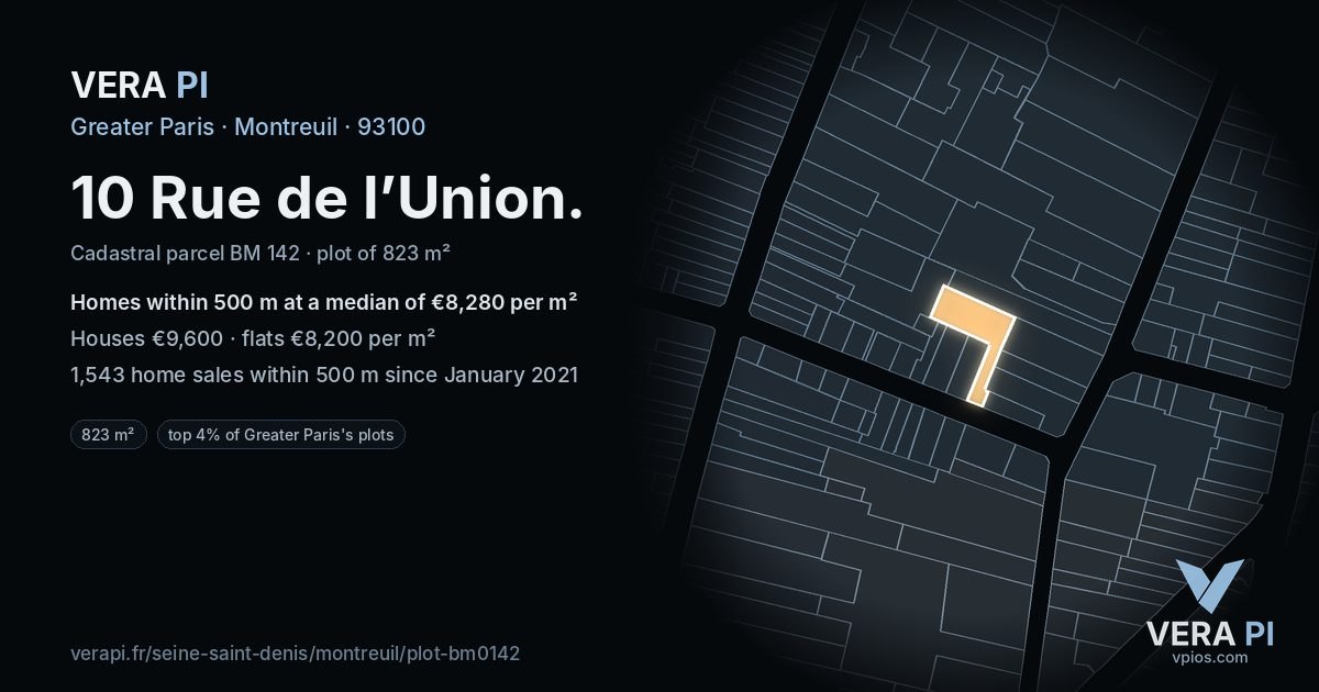 10 Rue de l’Union, Montreuil at night – the plot lit, the parcels around coloured by the prices near them