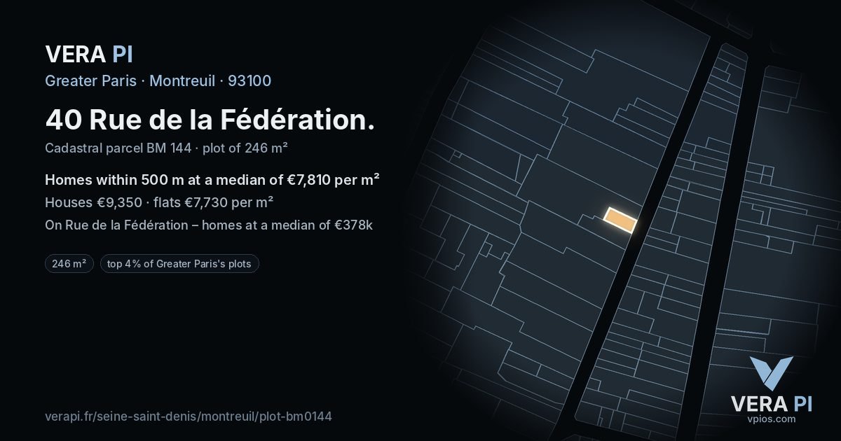 40 Rue de la Fédération, Montreuil at night – the plot lit, the parcels around coloured by the prices near them