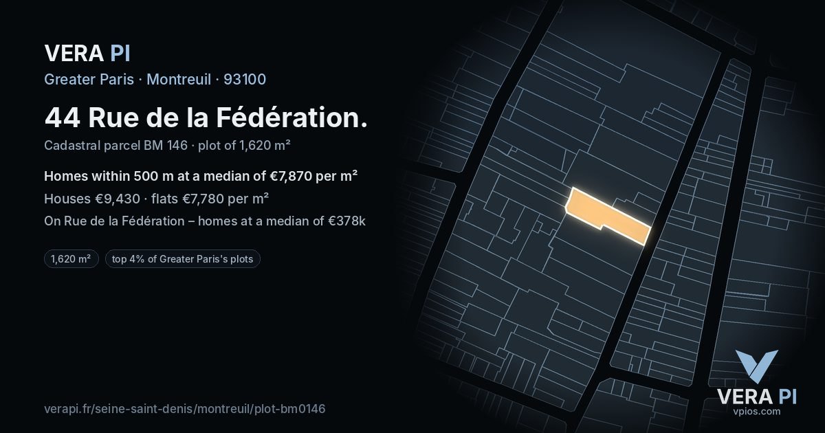 44 Rue de la Fédération, Montreuil at night – the plot lit, the parcels around coloured by the prices near them