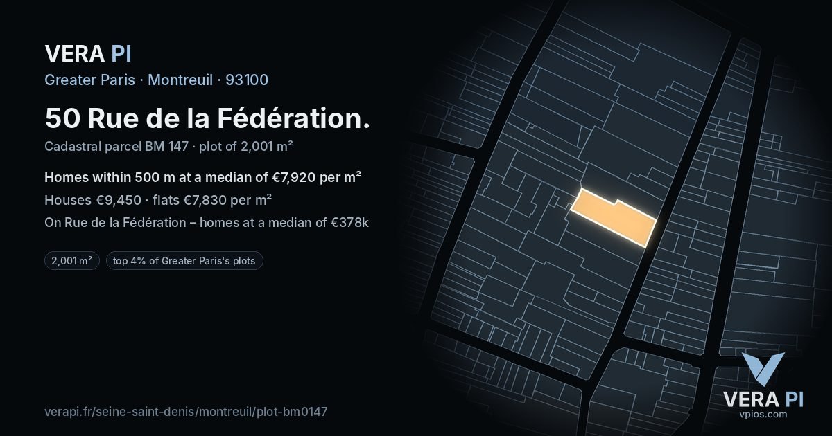 50 Rue de la Fédération, Montreuil at night – the plot lit, the parcels around coloured by the prices near them