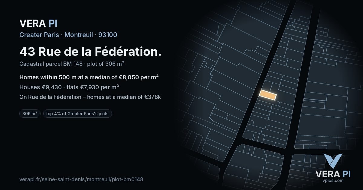 43 Rue de la Fédération, Montreuil at night – the plot lit, the parcels around coloured by the prices near them