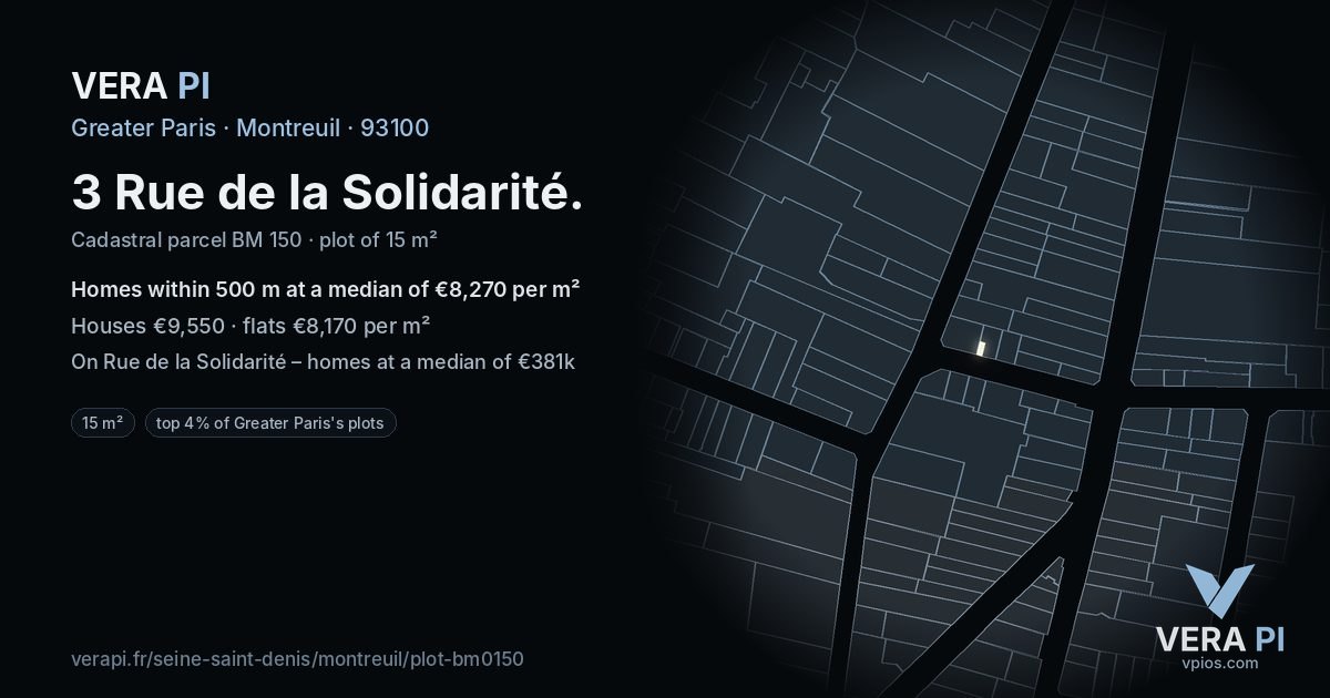 3 Rue de la Solidarité, Montreuil at night – the plot lit, the parcels around coloured by the prices near them