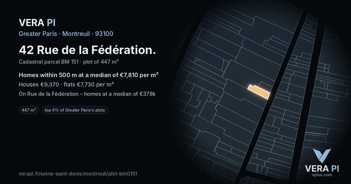 42 Rue de la Fédération, Montreuil at night – the plot lit, the parcels around coloured by the prices near them
