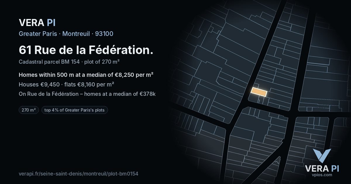 61 Rue de la Fédération, Montreuil at night – the plot lit, the parcels around coloured by the prices near them