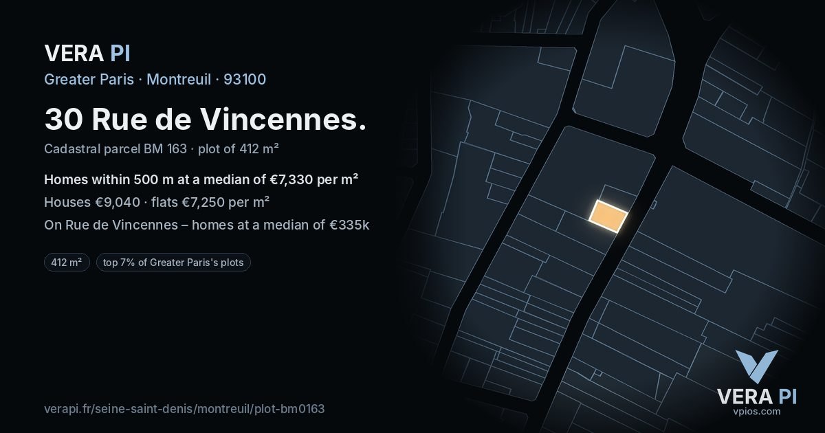 30 Rue de Vincennes, Montreuil at night – the plot lit, the parcels around coloured by the prices near them