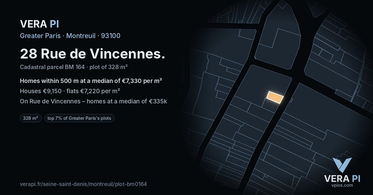 28 Rue de Vincennes, Montreuil at night – the plot lit, the parcels around coloured by the prices near them