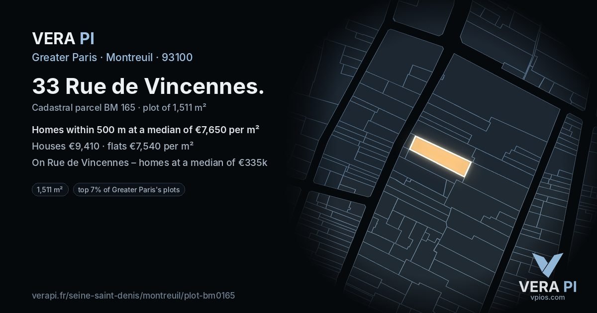 33 Rue de Vincennes, Montreuil at night – the plot lit, the parcels around coloured by the prices near them
