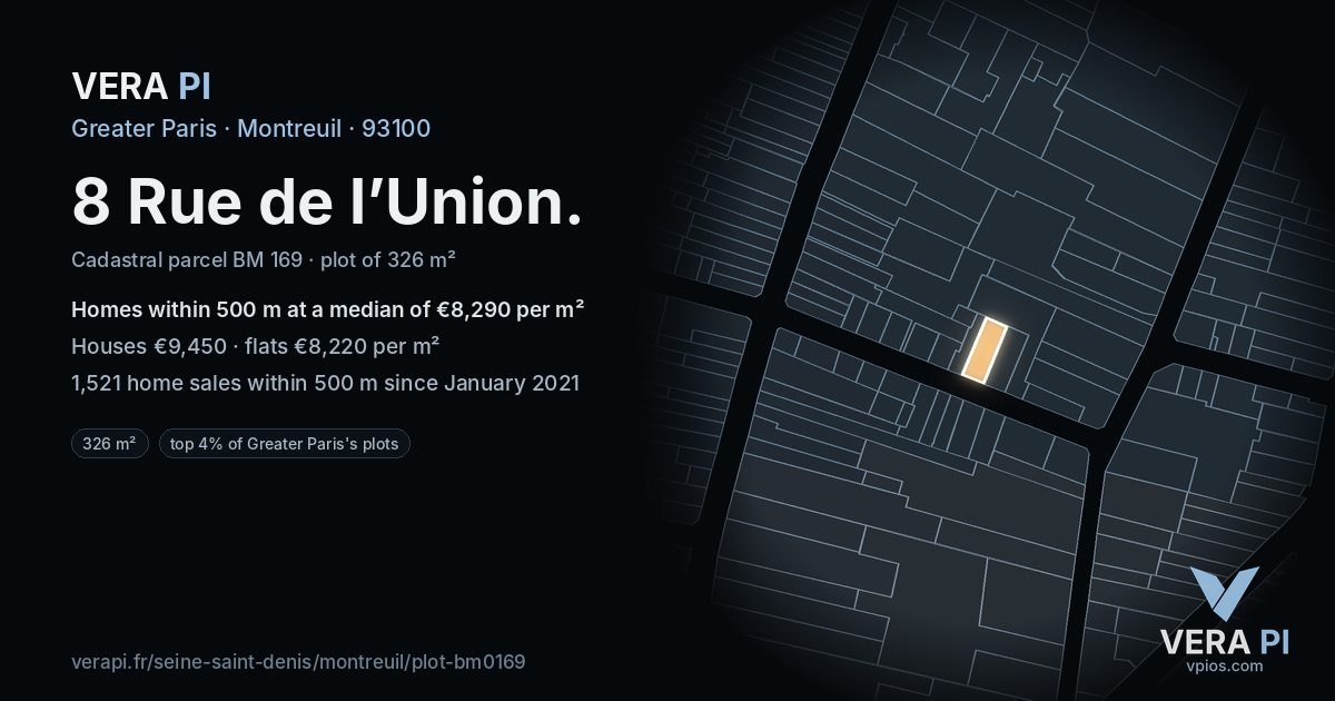 8 Rue de l’Union, Montreuil at night – the plot lit, the parcels around coloured by the prices near them