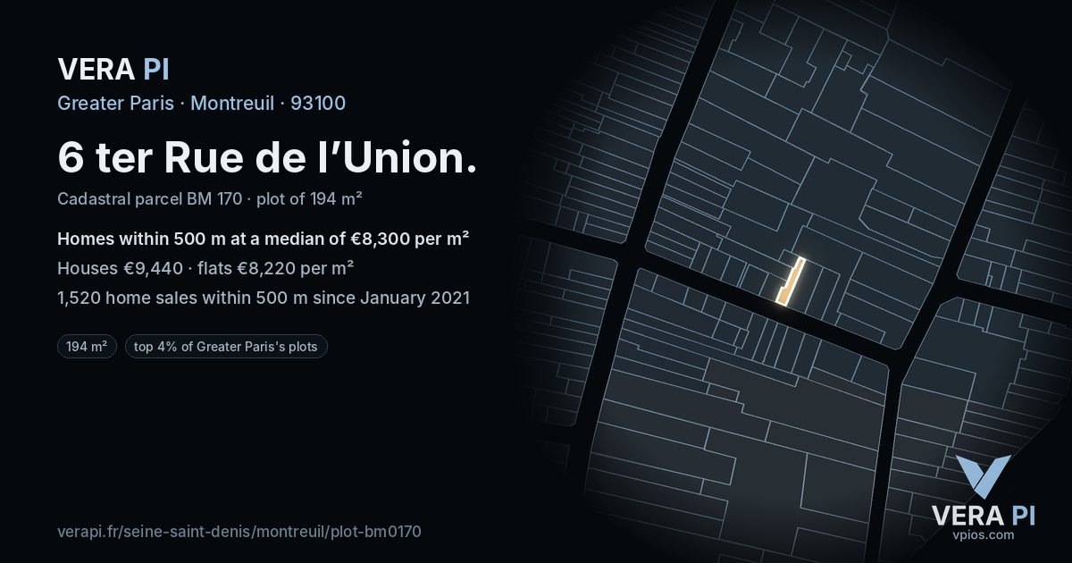 6 ter Rue de l’Union, Montreuil at night – the plot lit, the parcels around coloured by the prices near them