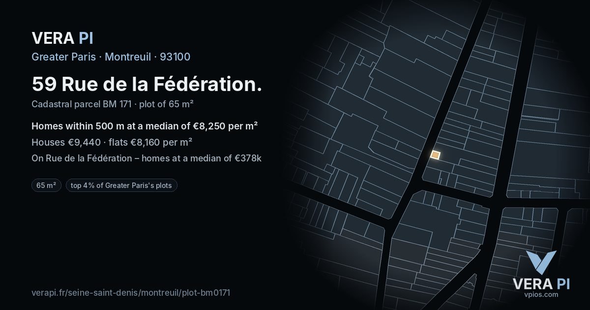59 Rue de la Fédération, Montreuil at night – the plot lit, the parcels around coloured by the prices near them