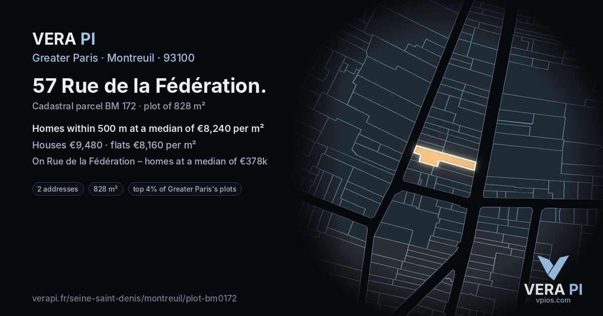 57 Rue de la Fédération, Montreuil at night – the plot lit, the parcels around coloured by the prices near them