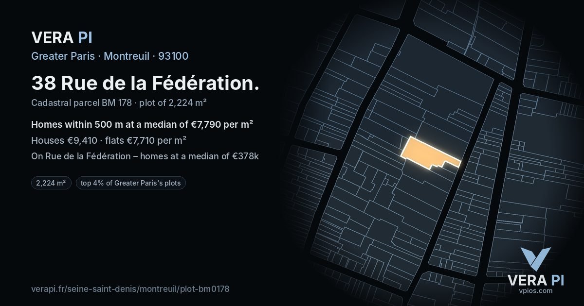 38 Rue de la Fédération, Montreuil at night – the plot lit, the parcels around coloured by the prices near them