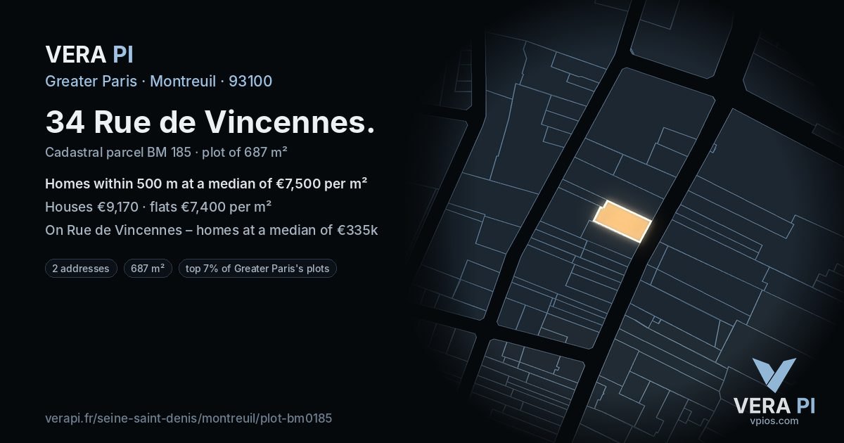 34 Rue de Vincennes, Montreuil at night – the plot lit, the parcels around coloured by the prices near them