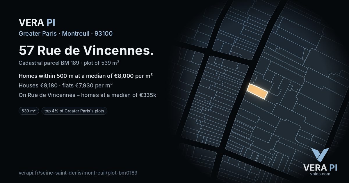 57 Rue de Vincennes, Montreuil at night – the plot lit, the parcels around coloured by the prices near them