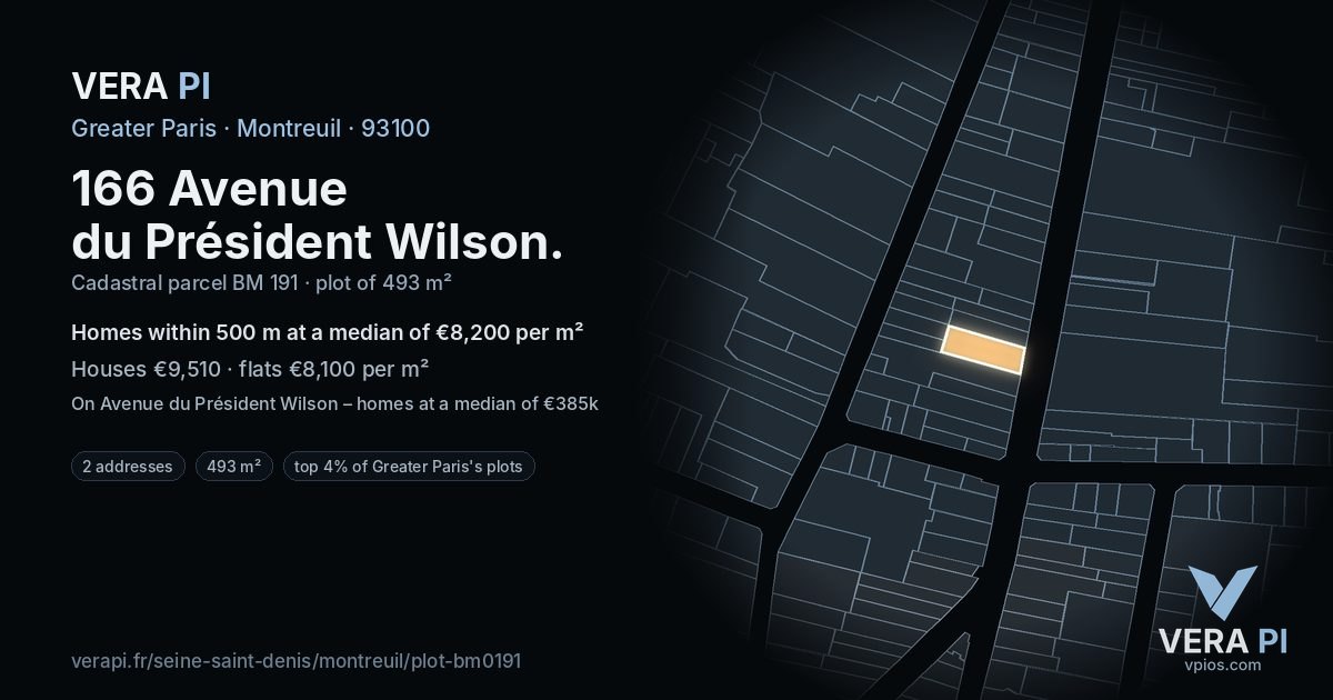 166 Avenue du Président Wilson, Montreuil at night – the plot lit, the parcels around coloured by the prices near them