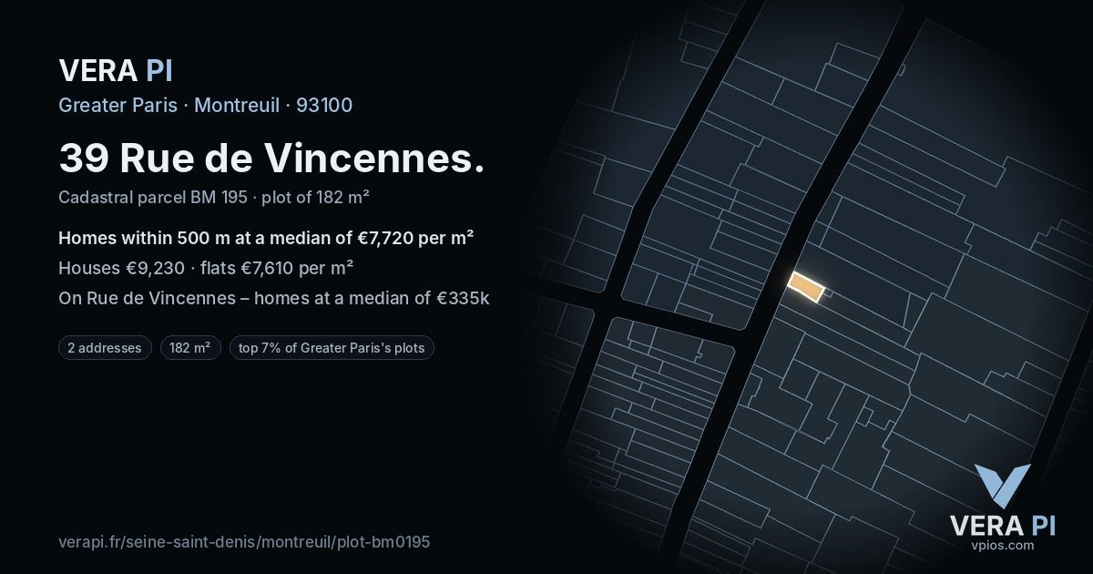 39 Rue de Vincennes, Montreuil at night – the plot lit, the parcels around coloured by the prices near them