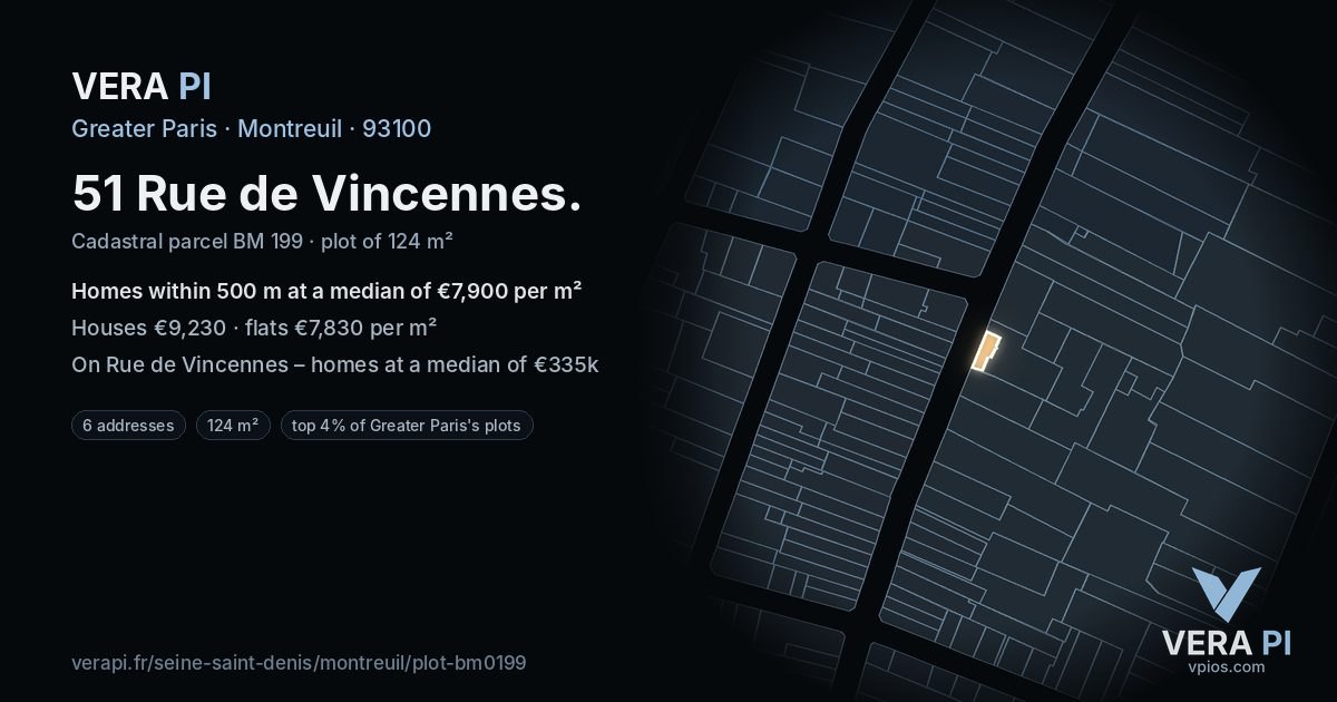 51 Rue de Vincennes, Montreuil at night – the plot lit, the parcels around coloured by the prices near them
