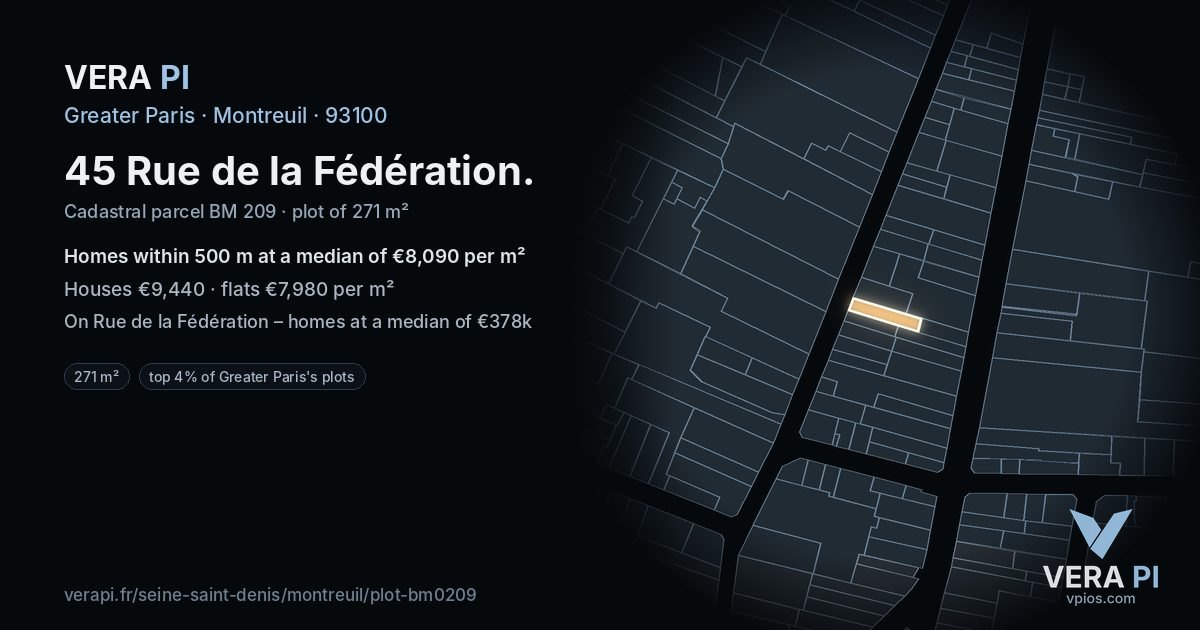 45 Rue de la Fédération, Montreuil at night – the plot lit, the parcels around coloured by the prices near them