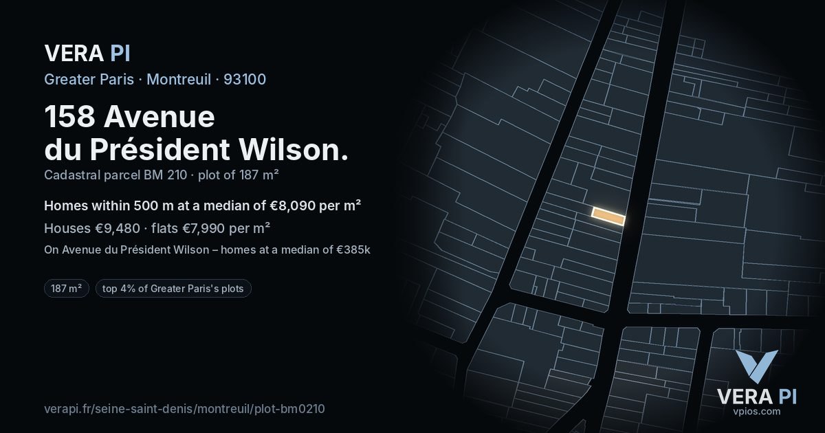 158 Avenue du Président Wilson, Montreuil at night – the plot lit, the parcels around coloured by the prices near them