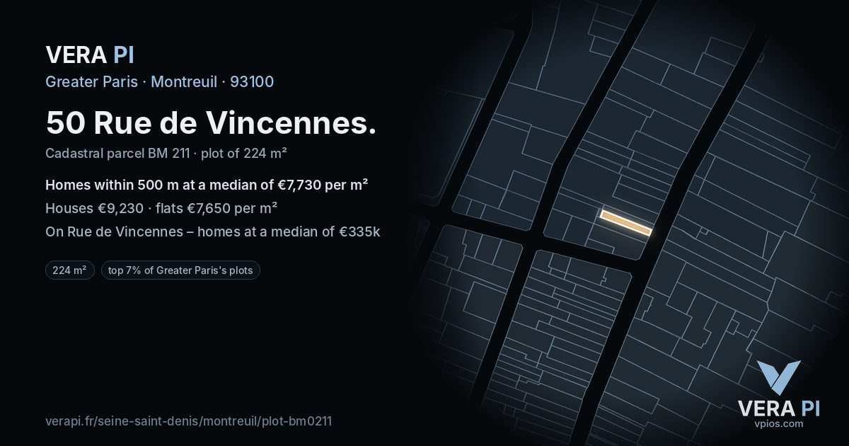 50 Rue de Vincennes, Montreuil at night – the plot lit, the parcels around coloured by the prices near them