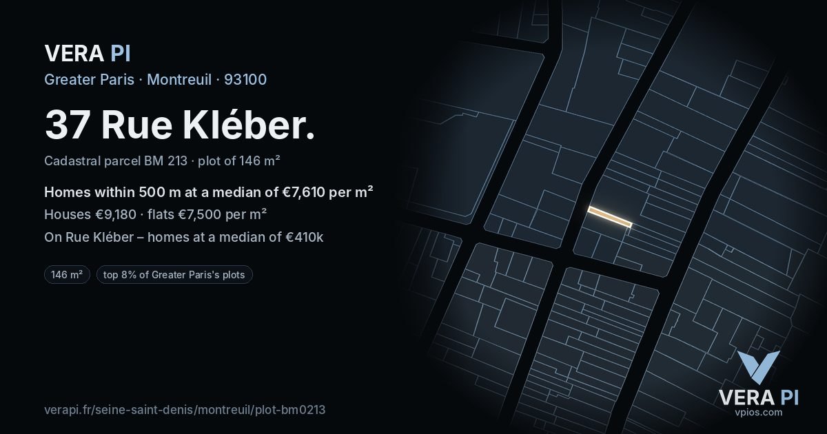 37 Rue Kléber, Montreuil at night – the plot lit, the parcels around coloured by the prices near them