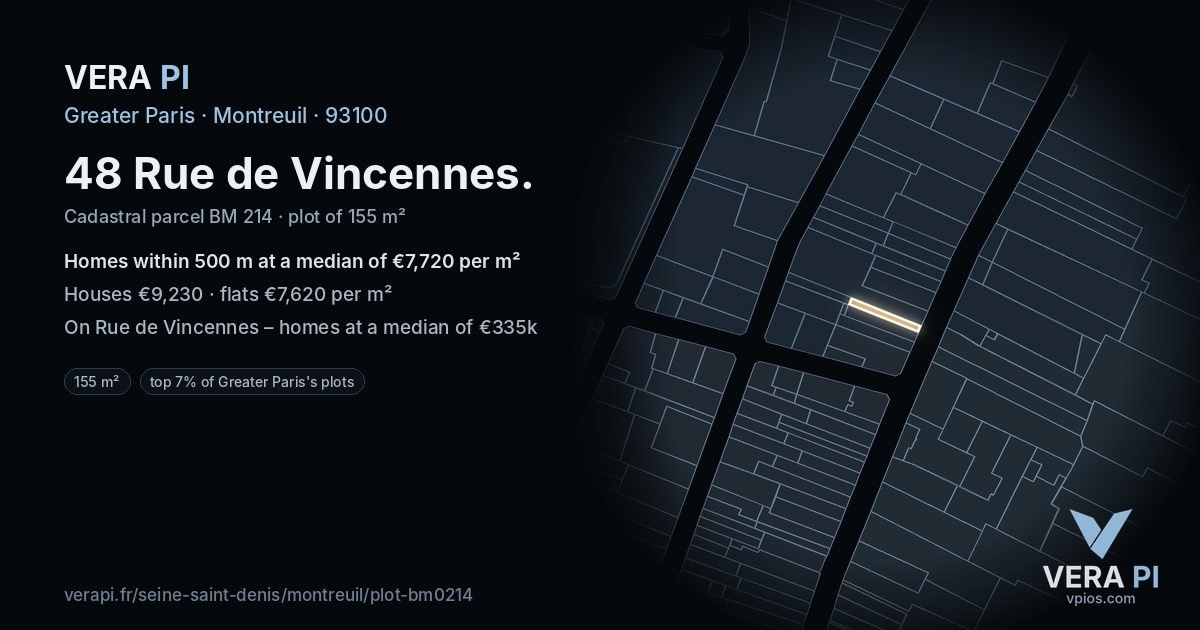 48 Rue de Vincennes, Montreuil at night – the plot lit, the parcels around coloured by the prices near them