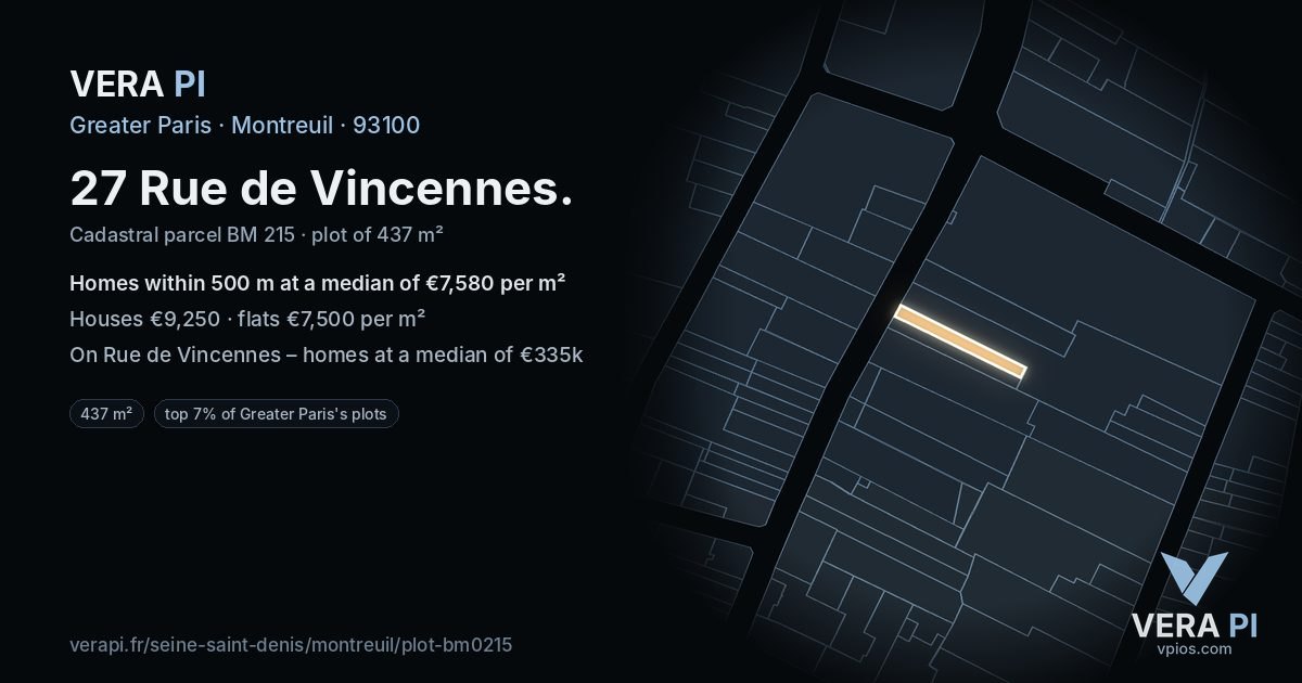 27 Rue de Vincennes, Montreuil at night – the plot lit, the parcels around coloured by the prices near them