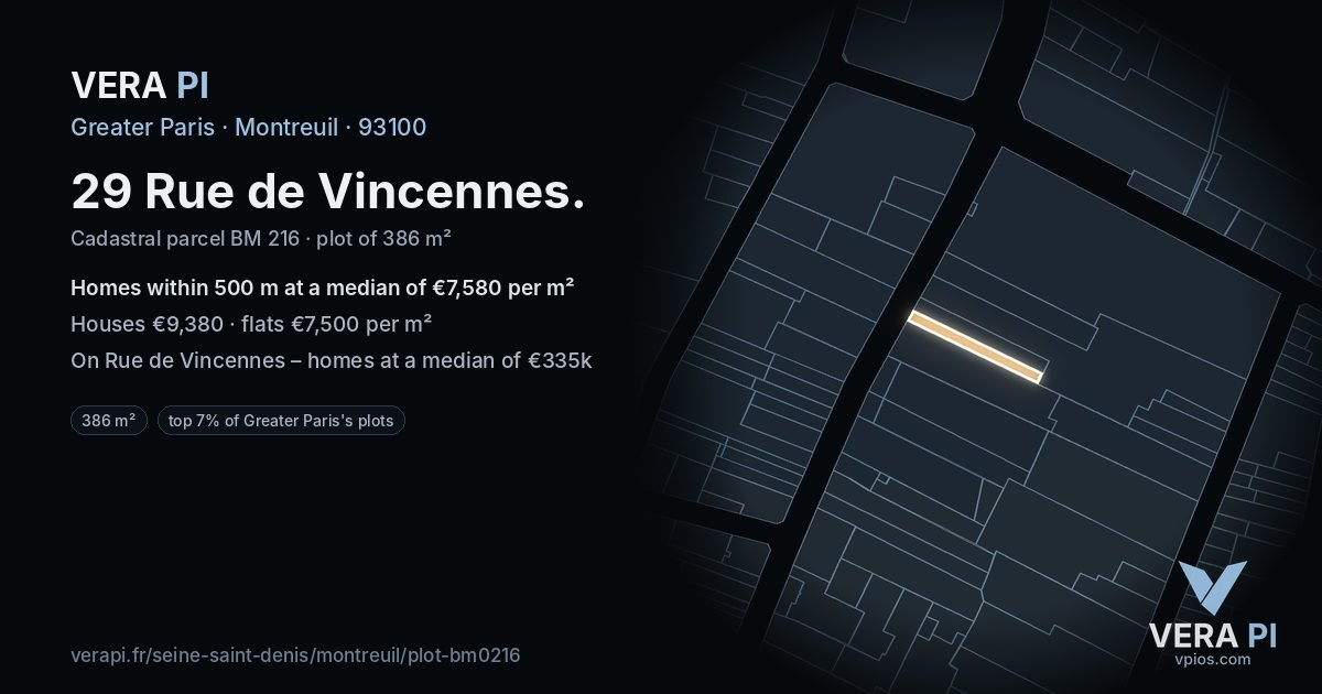 29 Rue de Vincennes, Montreuil at night – the plot lit, the parcels around coloured by the prices near them