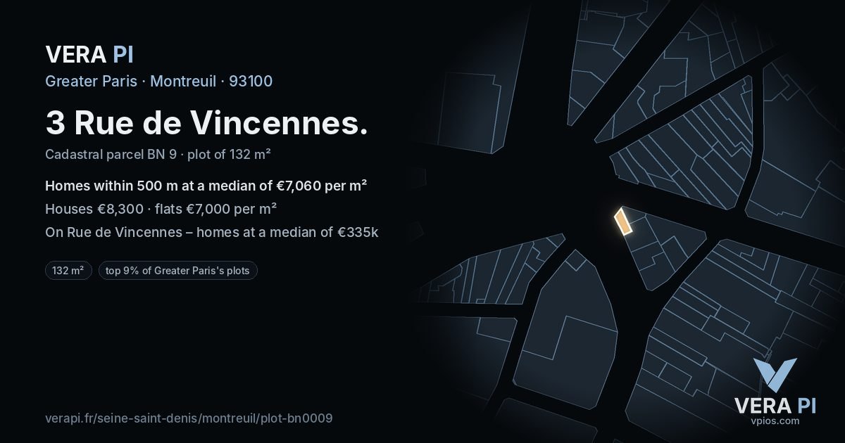 3 Rue de Vincennes, Montreuil at night – the plot lit, the parcels around coloured by the prices near them