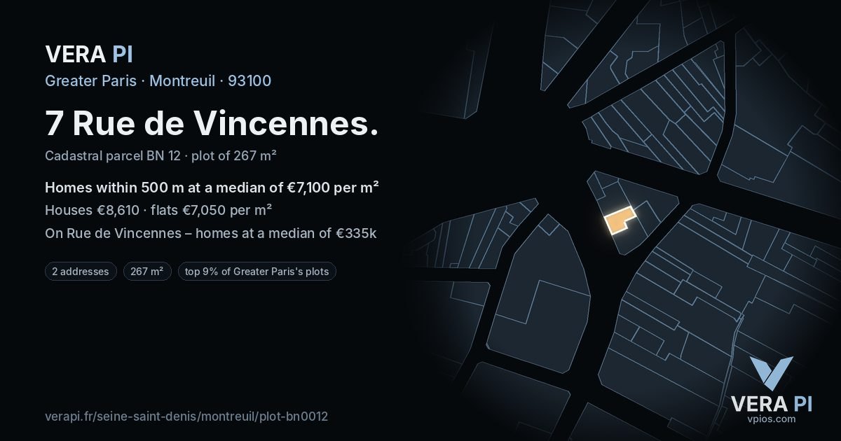 7 Rue de Vincennes, Montreuil at night – the plot lit, the parcels around coloured by the prices near them
